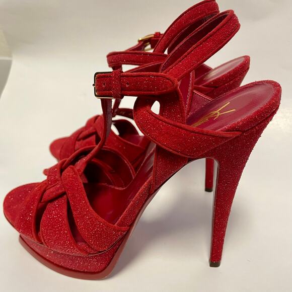 SAINT LAURENT YSL Tribute Platform Heels Red Suede Quartz Glitter EU 38.5/US 8.5 - Picture 5 of 11